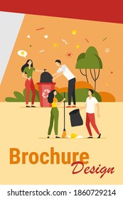 Team of volunteers cleaning park from garbage. Happy young people collecting trash outdoors. Vector illustration for volunteering community, nature care, ecology concept