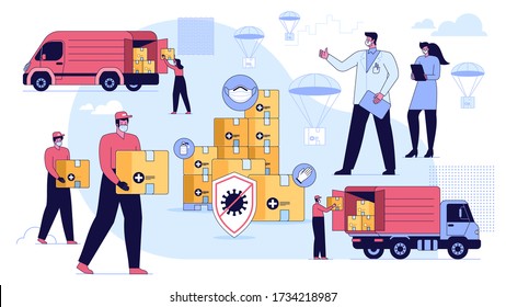 Team of volunteers or deliveryman giving help boxes with face masks rubber gloves to doctor Humanitarian help Support goodwill mission Exporting special protection for medical personnel Flat vector