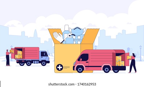 Team of volunteers or deliveryman giving help boxes with face masks rubber gloves to doctor Humanitarian help Support goodwill mission Exporting special protection for medical personnel Flat vector