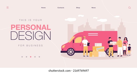 Team of volunteers giving help boxes to family. Governmental help for refugees flat vector illustration. Humanitarian aid, material assistance concept for banner, website design or landing web page