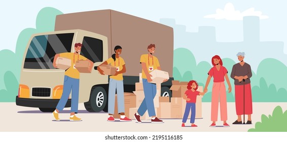 Team of Volunteers in Humanitarian Aid Van Giving Help Boxes to Refugees, Governmental Help Concept. Senior and Old Woman with Little Girl Need Material Assistance. Cartoon People Vector Illustration svg