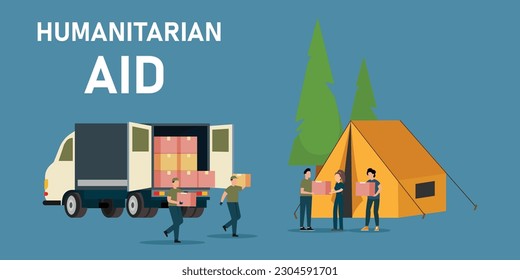 Team of Volunteers in Humanitarian Aid Van Giving Help Boxes to Refugees 2d vector illustration concept for banner, website, illustration, landing page, flyer, etc.