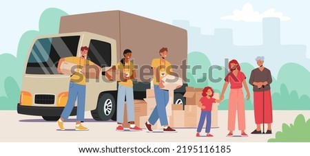 Team of Volunteers in Humanitarian Aid Van Giving Help Boxes to Refugees, Governmental Help Concept. Senior and Old Woman with Little Girl Need Material Assistance. Cartoon People Vector Illustration