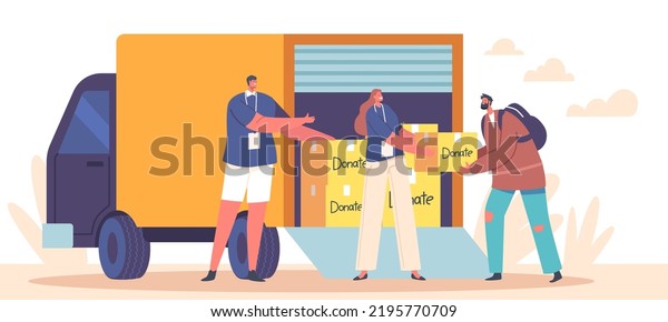 Team of Volunteers in Humanitarian Aid Van\
Giving Help Box to Refugee, Governmental Help Concept. Man and\
Woman Distribute Material Assistance to Poor People. Cartoon Vector\
Illustration