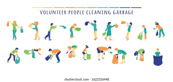 Team Of Volunteers Picking Up Litter. Volunteer People Cleaning Garbage. Volunteering, Men Women Kids Collecting Trash To Sacks, Charity Social Concept, Ecology Prote