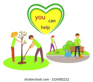 Team of volunteers takes out garbage and plants trees, you can help too, vector illustration