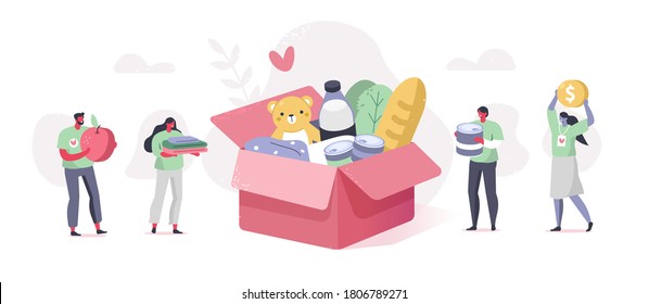 Team Volunteers working and helping in Charitable Foundation. Characters Collecting Food, Clothes and Money in Donation Box. Volunteering and Charity Concept. Flat Cartoon Vector Illustration.