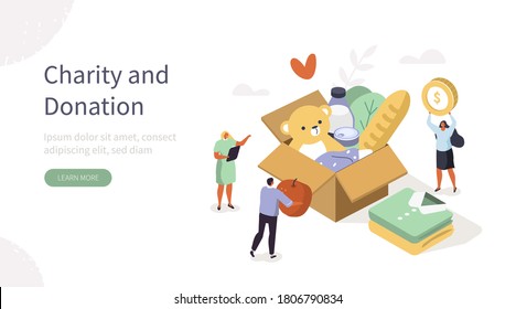 Team Volunteers Working And Helping In Charitable Foundation. Characters Collecting Food, Clothes And Money In Donation Box. Volunteering And Charity Concept. Flat Cartoon Vector Illustration.