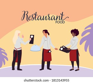 team of waiters with uniform and menus to take the order vector illustration design