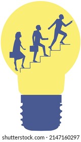 Team Walking Up Stairway Inside Light Bulb. Leadership, Teamwork, Business Growth And Path To Success Concept. People Climb Stairs To Top. Development Of New Idea, Successful Business Strategy