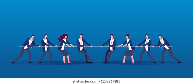 Team War. Business People Rivals Pulling Rope. Competition, Conflict In Office Vector Concept. Illustration Of People Conflict In Business Team