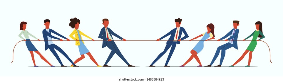 Team war. Young people pulling rope, employees competition. Conflict in business team. Office management teamwork games vector fight power battle competitive concept