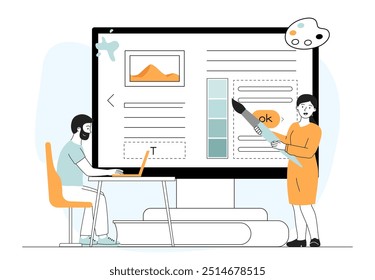 Team of web designers. Man and woman developing design for web page, application or program. Freelancers and coworkers working on common project on Internet. Linear vector illustration