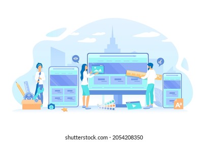 A team of web designers are working together to develop a ui-ux website design. Web Design. Website template for monitor, laptop, tablet, phone. Vector illustration flat style.