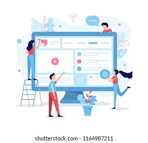 A team of web developers build a website. Teamwork project. Flat vector illustration.