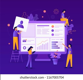 The Team Of Web Developers Constructs A Personal User Account Or Admin Panel For The Website. Modern Vector Illustration Concept. Flat Vector Illustration.
