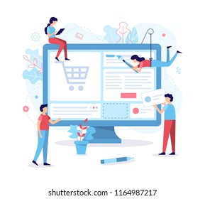 A team of web developers design an online store. Teamwork project. Flat vector illustration.