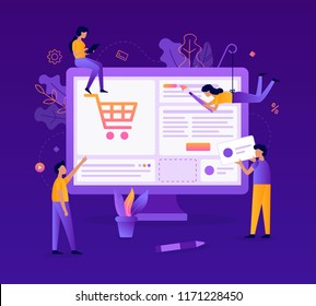 A team of web developers design an online store. Teamwork project. Website development. Flat vector illustration.

