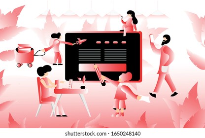 Team von Web-Entwicklern in der Nähe des Bildschirms, Teamwork-Konzept, Web-Entwicklungsprozess, Design der Schnittstelle, Gruppe von Menschen, die zusammenarbeiten, Vektorillustration-Illustration
