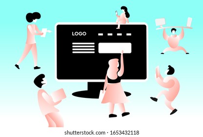 Team of web developers near the screen, teamwork concept, web development process, designing the interface, group of people working together, vector illustration