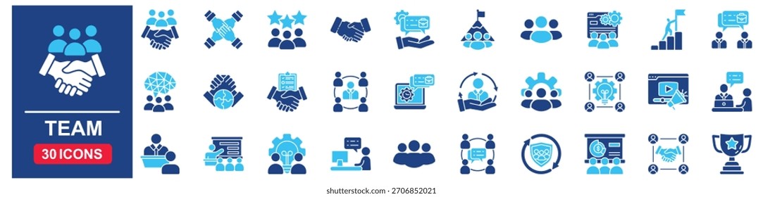 Conjunto de iconos de Web de Equipo en estilo azul. concepto de Ilustración vectorial relacionado con el equipo, negocios, personas, trabajo, trabajo en equipo, persona, hr, línea, Vector, grupo, conjunto, Asistencia, contorno