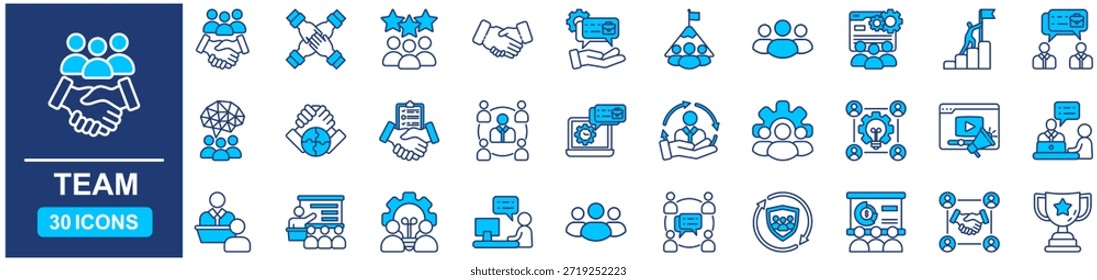 Ícone da Web da equipe Definido no estilo azul Plano. conceito de ilustração de vetor relaciona-se a equipe, negócios, pessoas, trabalho, trabalho em equipe, pessoa, hr, linha, vetor, grupo, conjunto, suporte, outline
