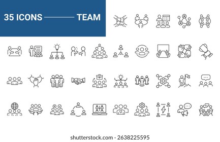 Team Web Icon Set in Line Style. Collection of Teamwork Linear Icons, Including team building, workshop, human resources, business people, group, team, organization, community. Editable Stroke