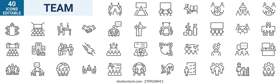 Team Web Icon Set in Line Style. Collection of Teamwork Linear Icons, Including team building, workshop, human resources, business people, group, team, organization, community. Editable Stroke