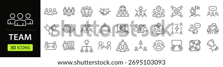 Team Web Icon Set in Line Style. Collection of Teamwork Linear Icons, Including team building, workshop, human resources, business people, group, team, organization, community. Editable Stroke