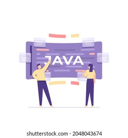 a team of website developers, java programmers, application and game makers. illustration of a team working together making a program or coding using the java programming language. flat cartoon style