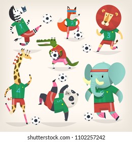 Equipo de animales salvajes jugando fútbol. Segundo equipo. Caracteres animales en diferentes posiciones. Ilustraciones vectoriales. El deporte es para todos.  Imágenes aisladas.