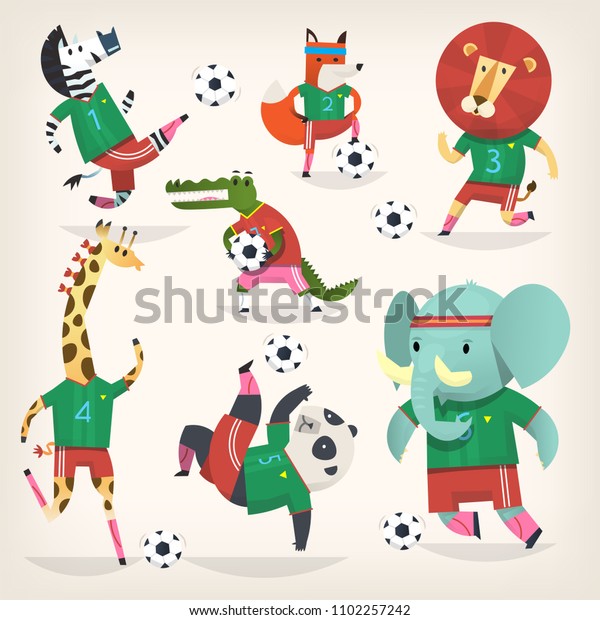 Team of wild animals\
playing football. Second team. Cute animal characters in  different\
positions. Vector illustrations. Sport is for everyone.  Isolated\
images.