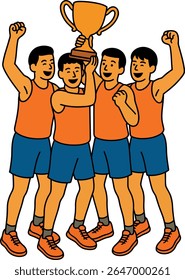 Team of Winners Celebrating Their Victory with a Trophy
