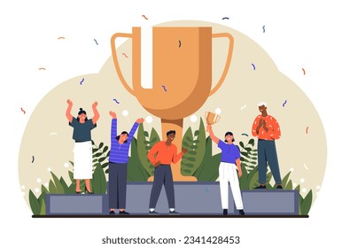 Equipo de ganadores con concepto de copa. Mena y mujeres con grandes trofeos de oro. Premio, premio y recompensa. Logro y éxito. Trabajo en equipo y cooperación, colaboración. Dibujo vectorial plano de dibujos animados