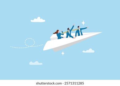 Team winning business achievement, teamwork working together, company direction, leadership strategy, motivation, aspirations concept, manager lead business people employee on paper airplane origami.