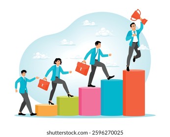 Team winning concept together achieving success, represented by professionals climbing colorful business growth graph. Flat vector illustration 