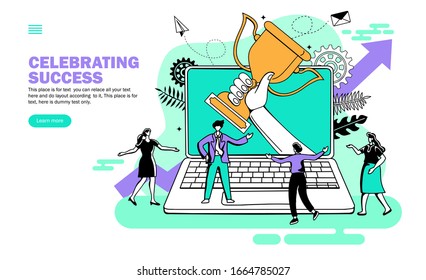 team with winning trophy in hand from the computer screen with growth arrow, celebration of teamwork
