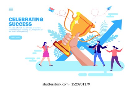 team with winning trophy in hand with growth arrow, celebration of teamwork, vector illustration