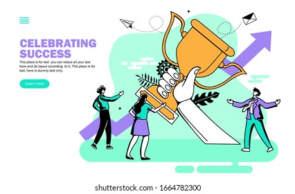 team with winning trophy in hand with growth arrow, celebration of teamwork, vector illustration