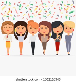 Team of women celebrating, victory in the project, birthday, new year and other holidays, smiling business woman with glasses of champagne in hands with pleasure and toasts, vector illustration