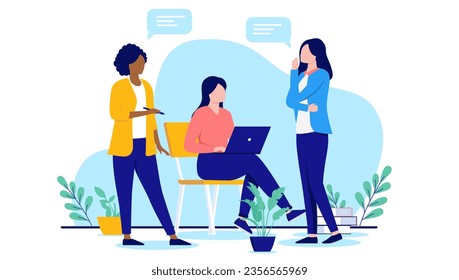 Team of women talking work - Professional businesswomen having conversation and discussion with computer and speech bubble. Flat design vector illustration with white background