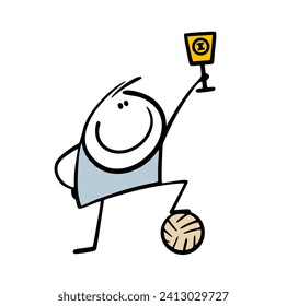 Team won the FIFA World Cup. Vector illustration of a proud athlete holding a gold cup, putting his foot on the ball. Sport game winner. Isolated hand drawn cartoon on white background.