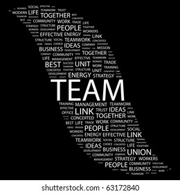 TEAM. Word collage on black background. Illustration with different association terms.