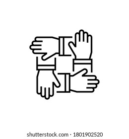 Team Work 4 hands icon, line style. 4 hands hold on each other.. Vector illustration. Design on white background. EPS 10