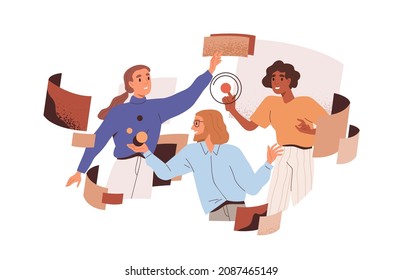 Team work at abstract project in technology space. Business process automation concept. People interact with cyberspace during teamwork. Flat graphic vector illustration isolated on white background