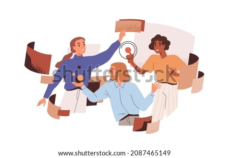 Team work at abstract project in technology space. Business process automation concept. People interact with cyberspace during teamwork. Flat graphic vector illustration isolated on white background
