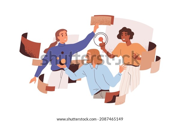 Team work at abstract project in technology\
space. Business process automation concept. People interact with\
cyberspace during teamwork. Flat graphic vector illustration\
isolated on white\
background