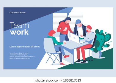 Team work banner template. Business team working on project together at desk with laptop. Business meeting, brainstorming, teamwork, interaction at business process flat vector illustration