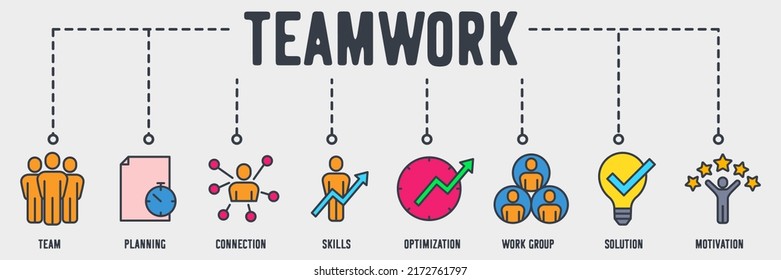 Team Work banner web icon. team, planning, connection, skills, optimization, work group, solution, motivation vector illustration concept.