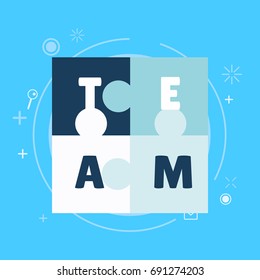 Team work banner. White blue set with painted puzzles. Vector flat illustration